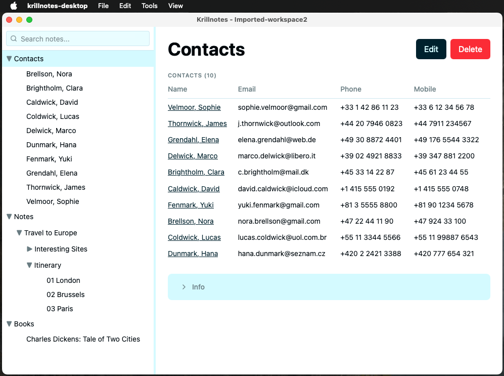 Krillnotes main window showing a contacts folder